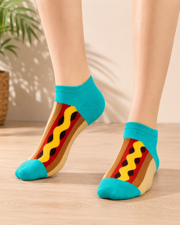 Fried Egg Ankle Socks with white egg pattern on black background and yellow accents
