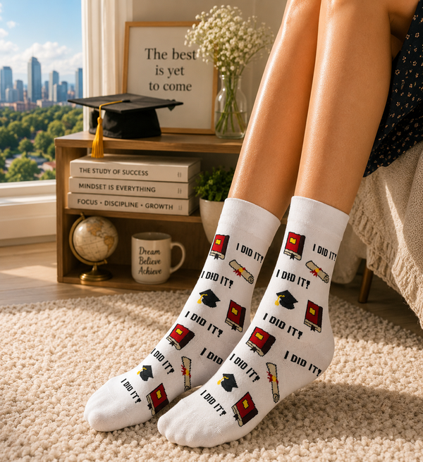 White graduation themed crew socks with diploma and I Did It text design