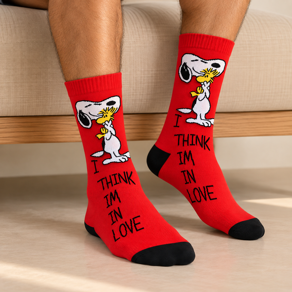 Red crew socks with cartoon dog hugging a yellow bird and I Think I’m in Love statement