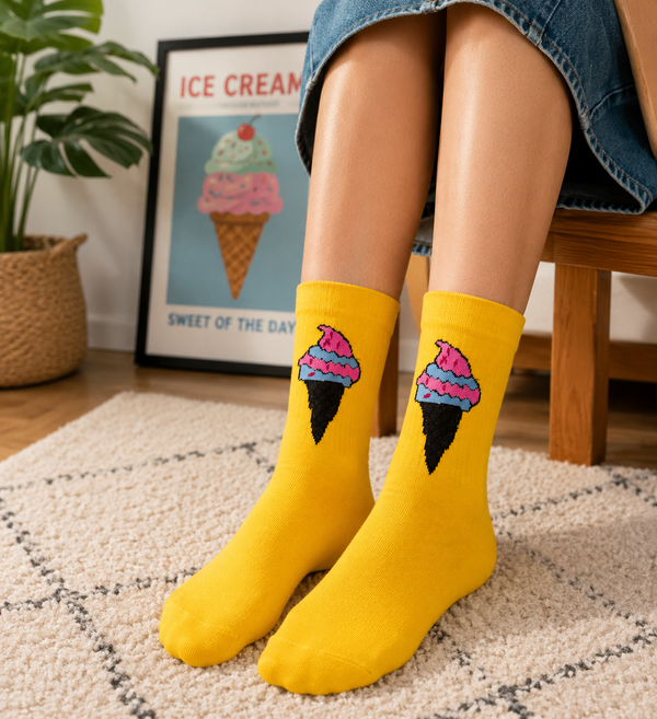 Yellow Ice Cream Cone Socks with colorful ice cream graphic design