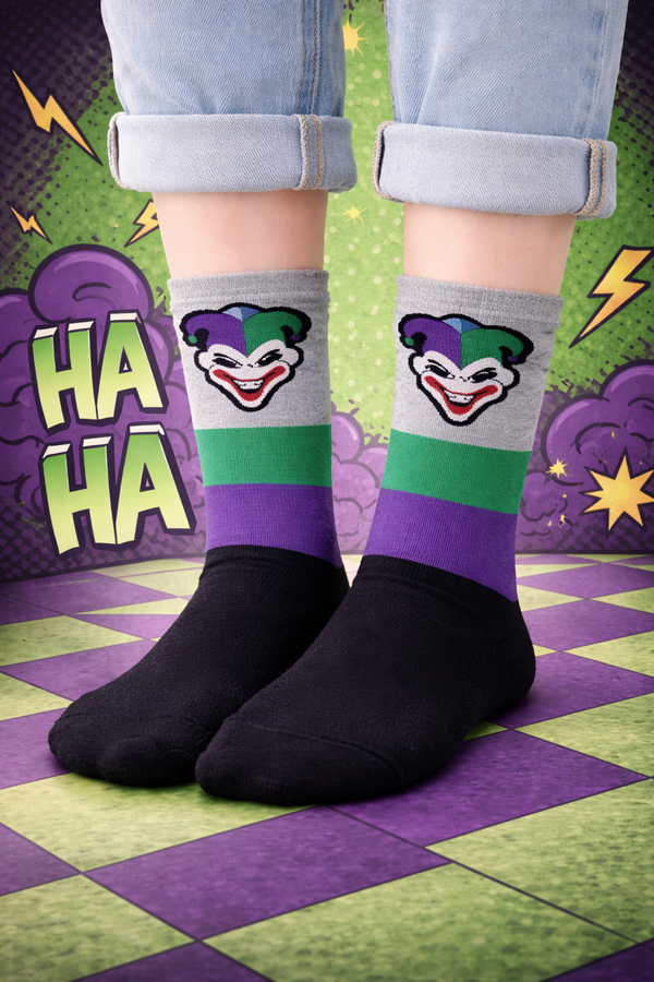 Joker Crew Socks with green and purple comic villain design on a grey background.