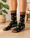 Black crew socks with colorful pizza, donut, hot dog, soda and fast food patterns