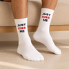 White Just Kiss Me crew socks with black lettering and red KISS statement