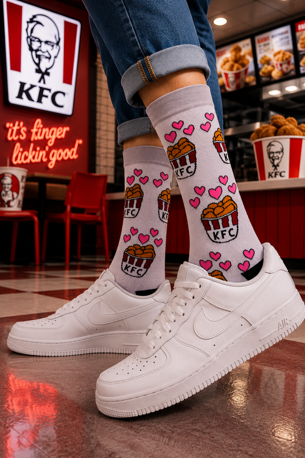White KFC inspired crew socks with fried chicken bucket and pink hearts pattern
