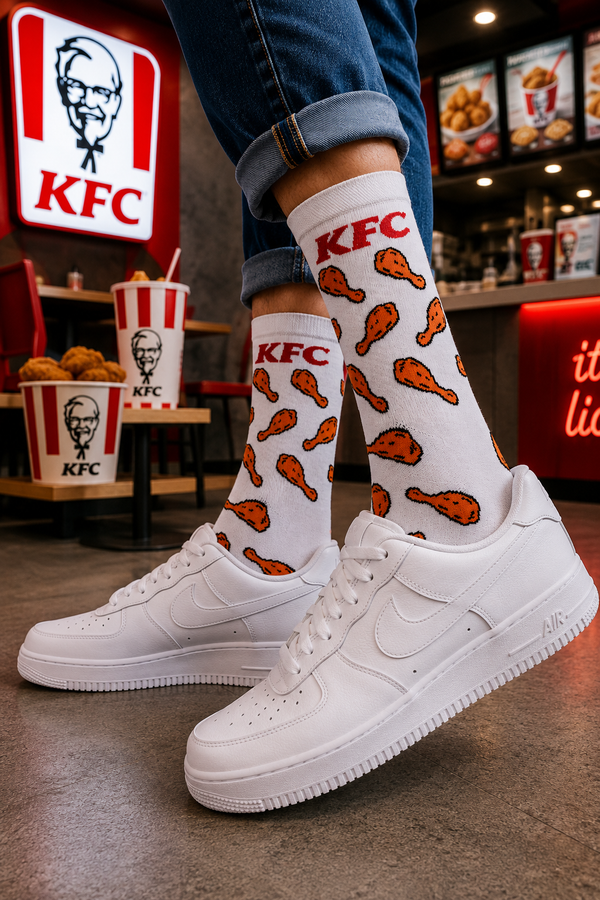 White KFC inspired crew socks with fried chicken drumstick pattern design