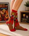 Brown and red anime fighter crew socks inspired by retro arcade fighting games