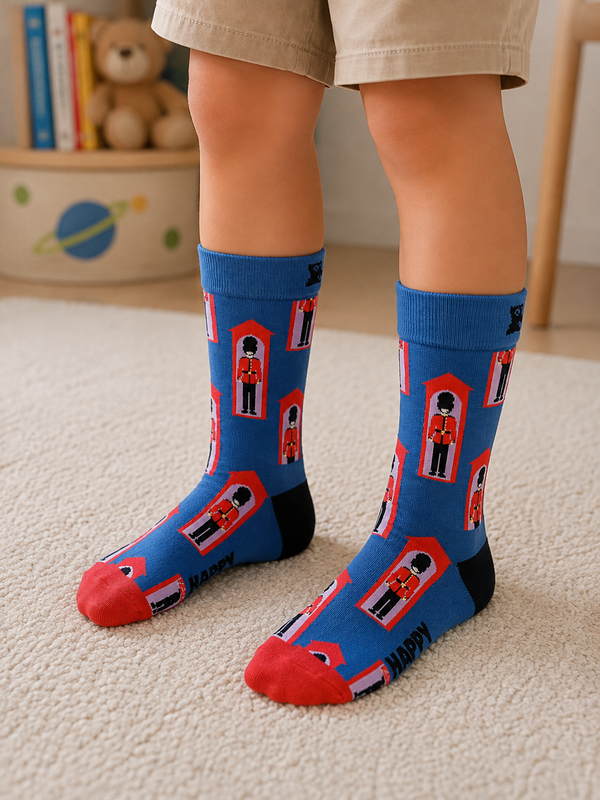 Kids blue London Guard crew socks with red accents for children aged 7–9 years.