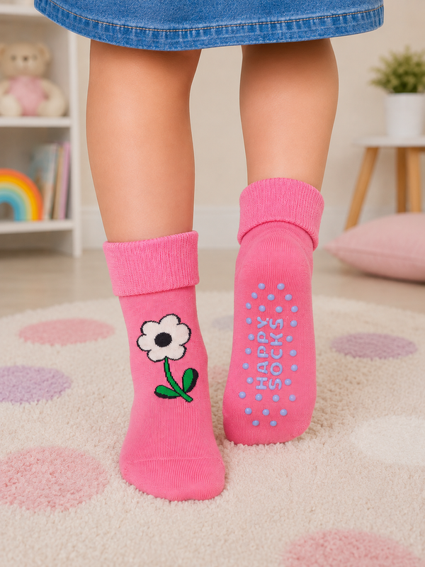 Pink flower non-slip grip socks for kids aged 3–5 years with silicone grip sole
