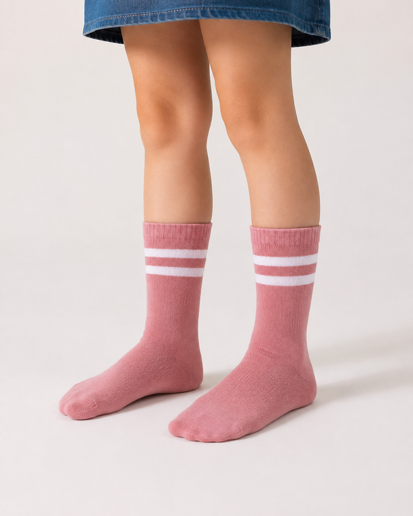 Pink kids crew socks with white double stripes for children aged 7-9 years.