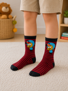 Kids red and black striped cartoon crew socks for ages 7–9 with a fun character design.