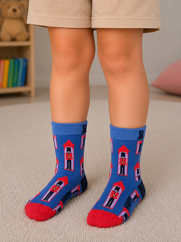 Blue kids crew socks with Royal Guard pattern for children aged 3–4 years.