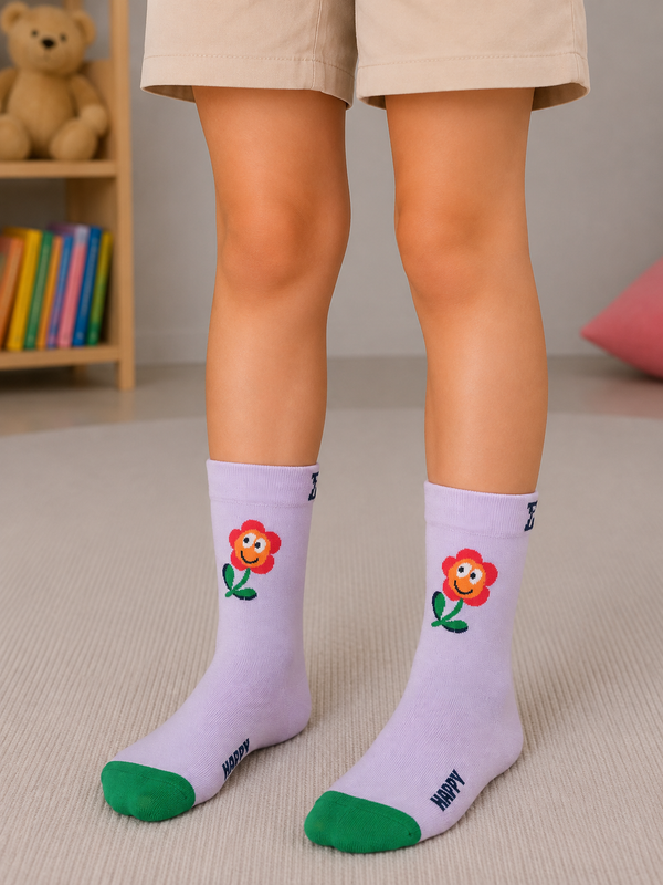 Lavender crew socks for kids aged 7–8 years featuring a smiling flower design with green toe accents.