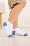 Pair of kids white low-cut ankle socks with grey reinforced toe and heel on a white background.