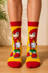 Knuckles Sonic character crew socks with yellow background and red gaming character design.