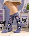 Purple crew socks featuring Kuromi character pattern with “Charming” text, soft breathable cotton unisex socks for everyday wear
