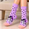 Lavender purple crew socks featuring Kuromi and My Melody cartoon characters, scattered black hearts, purple cuffs,