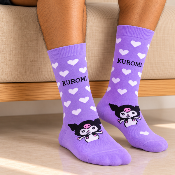 Purple Kuromi crew socks with white heart pattern, Kuromi lettering and character design