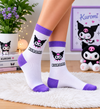 White and purple Kuromi kawaii crew socks with cute cartoon character design