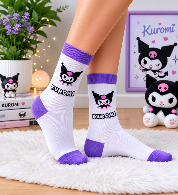 White and purple Kuromi kawaii crew socks with cute cartoon character design