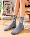 Gray Labubu-inspired crew socks with cute bunny cartoon character design