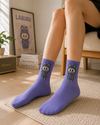 Purple Labubu-inspired crew socks with cute cartoon character design