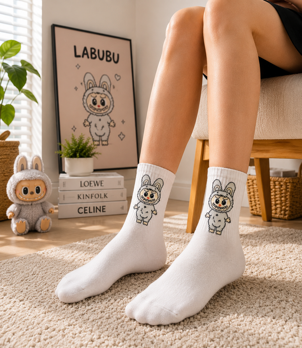 White Labubu-inspired crew socks with cute bunny cartoon character design