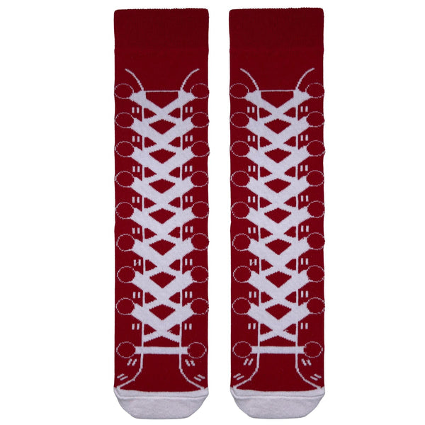 Lace Red Sneaker Socks. Featuring a white lace-up sneaker pattern on a bold red base, these socks give the illusion of classic high-top sneakers. 