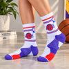 White crew socks featuring Los Angeles Lakers basketball graphics with purple and red details