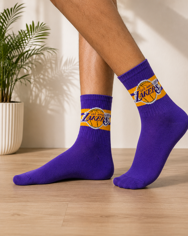 Purple crew socks featuring a Los Angeles Lakers-inspired basketball design.
