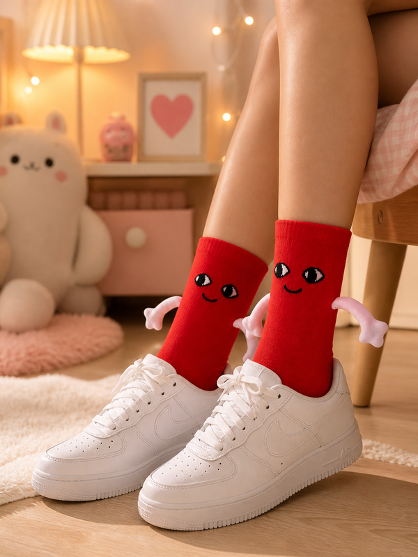 Red Magnetic Hug crew socks with smiling cartoon face and soft hugging arm design