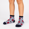Pair of Marvel Spider-Man kids ankle socks with grey background, Spider-Man mask pattern, black cuff, heel, and toe for children aged 3–5 years.