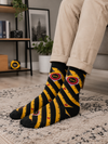 Black crew socks with yellow measuring tape pattern and red details