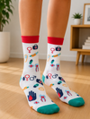 White crew socks with colorful medical and healthcare icons including syringe, first aid kit, pills, gloves, dental tools, and nurse symbols.