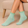 Mint green ribbed ankle socks with delicate ruffle cuffs