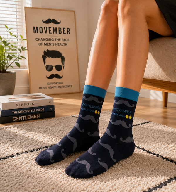 Dark navy crew socks with mustache pattern and Movember themed text design.