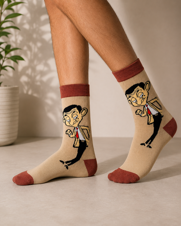 Beige crew socks featuring a Mr. Bean character design with red accents.