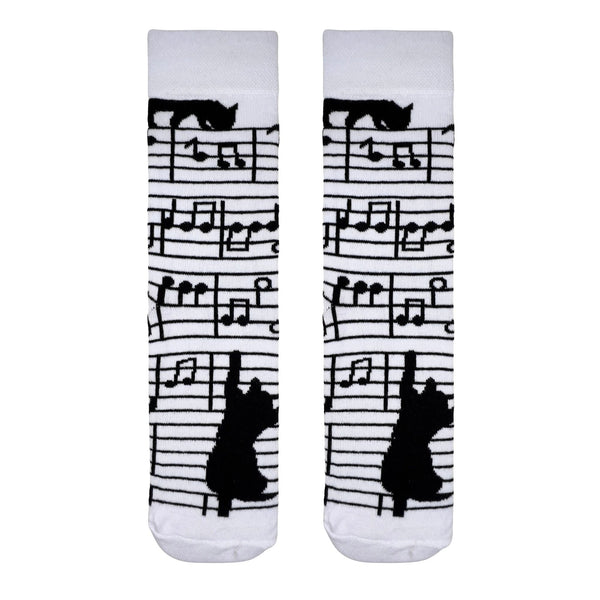 Music Cat Socks!Featuring playful black cat silhouettes sitting on a sheet of musical notes