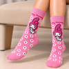 Pink My Melody crew socks featuring the cute white bunny character in a pink hood, surrounded by small white flowers with pink centers and matching pink cuffs and toes. Copy