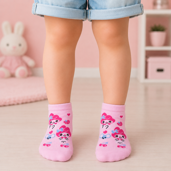 Pink My Melody character ankle socks with hearts and cherries for kids aged 3–5 years