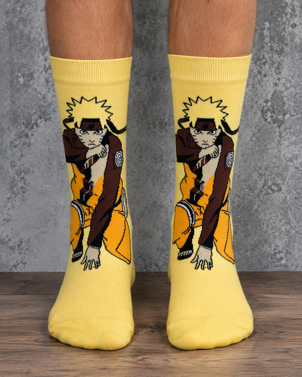 Naruto Ninja Warrior Crew Socks featuring a full-body Naruto anime character design on a yellow background