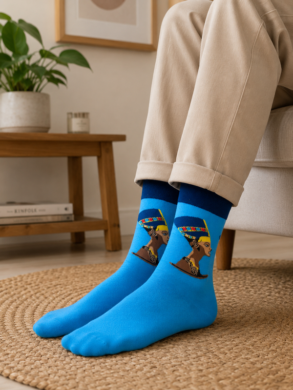 Bright blue crew socks featuring Queen Nefertiti portrait with traditional Egyptian royal headdress