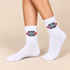 White gym crew socks with No Pain No Gain slogan and red dumbbells
