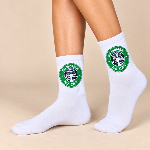 White crew socks with green No Woman No Cry coffee-inspired logo