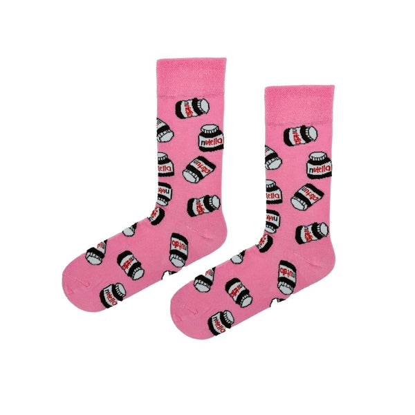  Nutella Patterned Pink Socks! These bright pink crew socks are sprinkled with adorable Nutella-style jars 