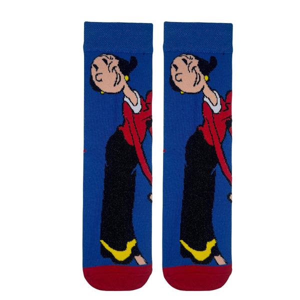  Olive Oyl cartoon socks. Designed for fans of the Popeye universe, these socks feature the lovable and quirky Olive Oyl in her signature outfit 