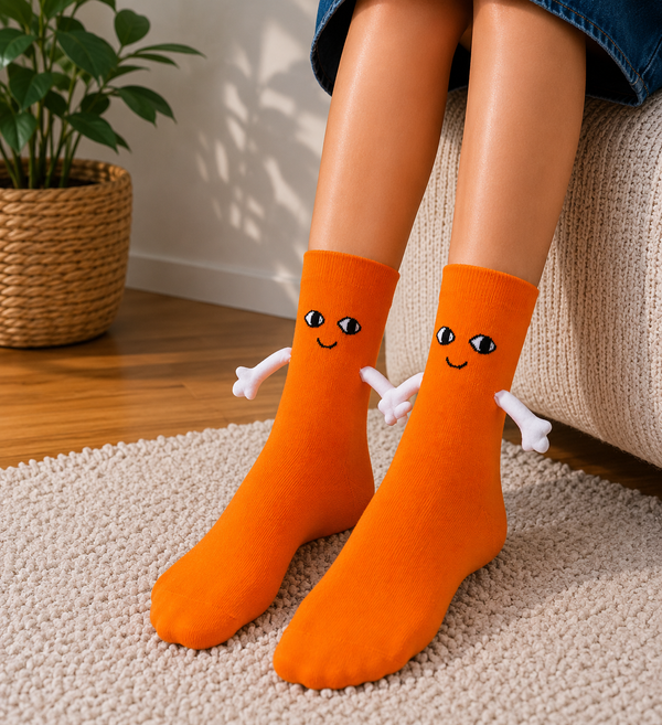 Orange novelty magnetic socks with smiling face and hugging arms