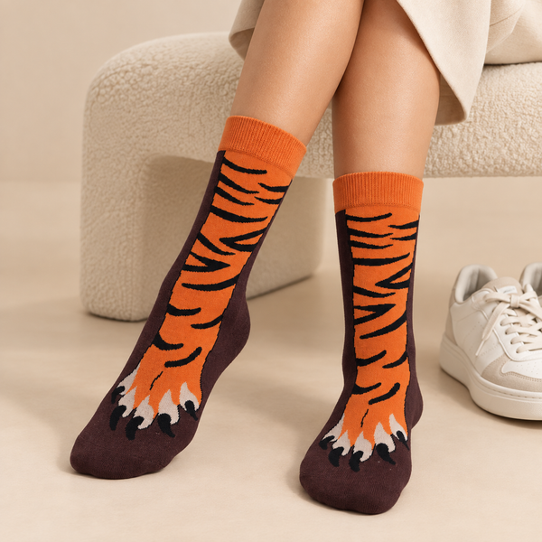 Orange and dark brown crew socks featuring striped tiger legs and clawed tiger paws