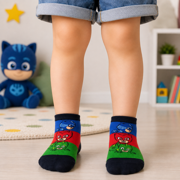 Colorful PJ Masks ankle socks with Catboy, Owlette and Gekko for kids aged 3–5 years