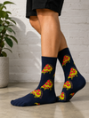 Navy blue crew socks with pepperoni pizza slice pattern