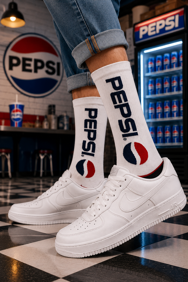 White Pepsi inspired crew socks with classic retro logo design